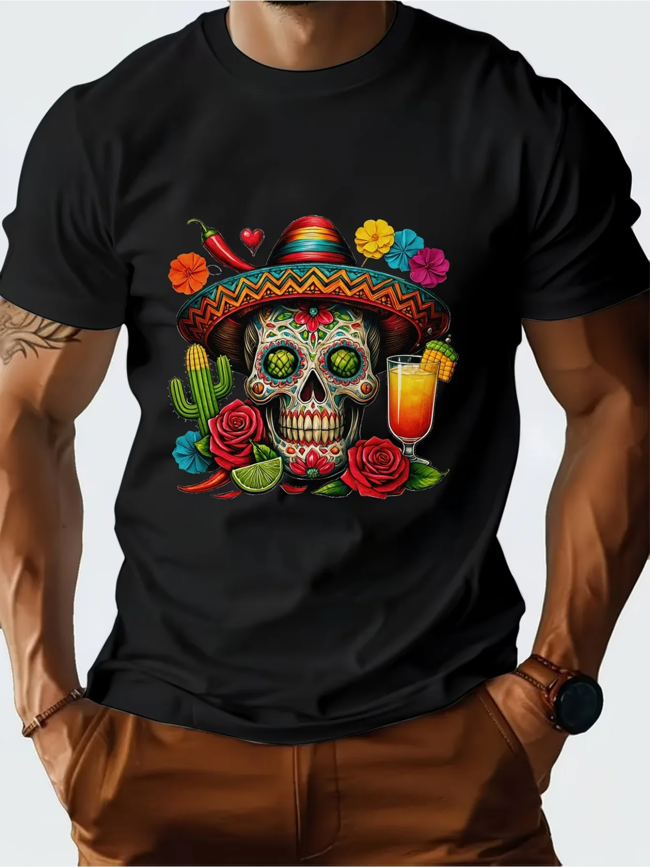 Men Round Neck Cotton T-shirt Mexican Day Of The Dead Sugar Skull Cactus Floral Fashion Streetwear Short Sleeve