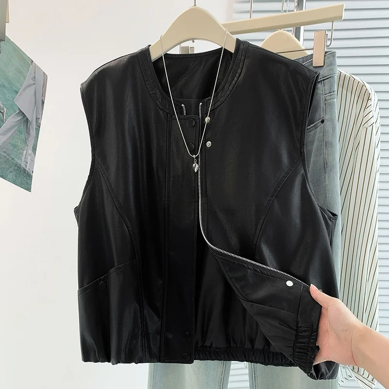 Soft Korean Fashion Design PU Leather Vest Women's Loose Fit Sleeveless Outerwear Top Autumn New Style plus Size Versatile