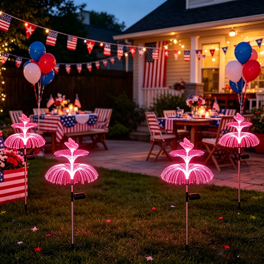 Double Layer Solar Jellyfish Butterfly Lights, 2/4/6 Pack 95Lm RGB Color Changing Stake Lights, IP65 Fiber Optic Ground Lamps, Perfect for Independence Day, Summer Party, Backyard Patio Outdoor Ornament