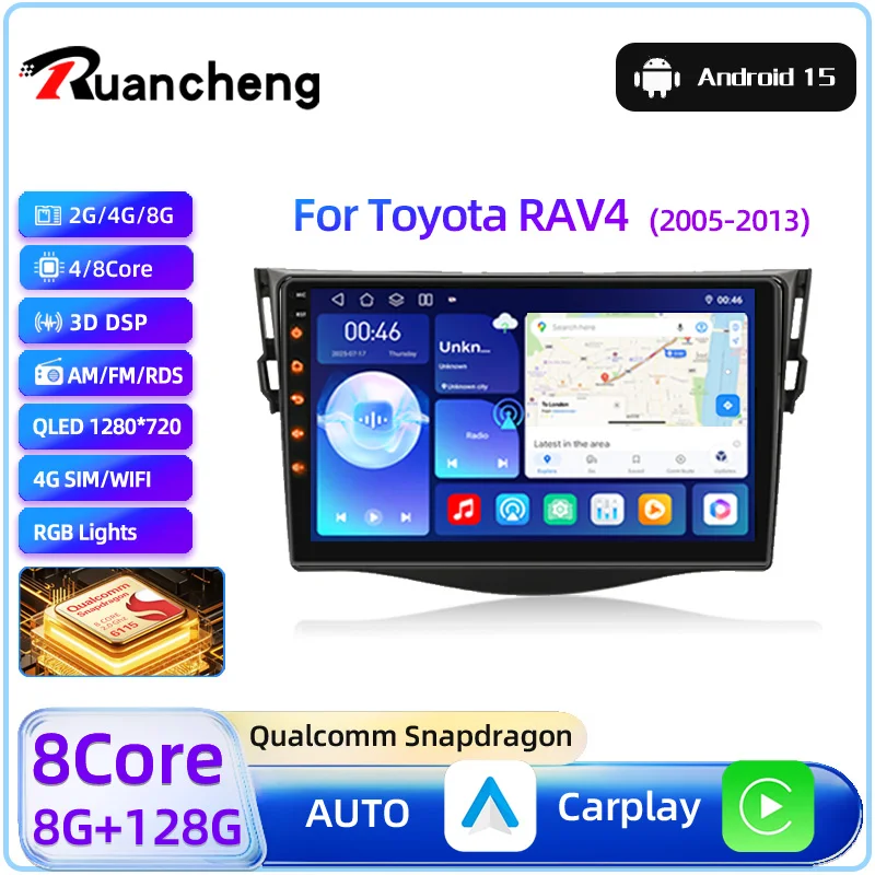 2026 New 2Din car radio, Snapdragon Android 15 supports CarPlay and Android Auto, suitable For Toyota RAV4 Rav 4 2005-2013