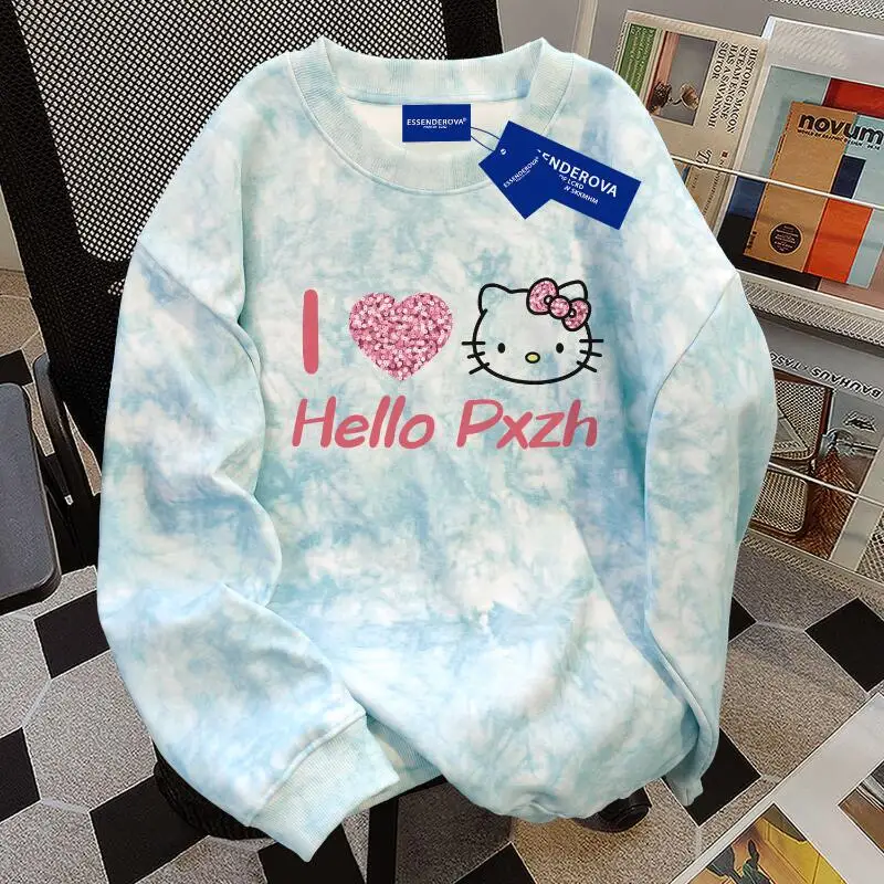 

Новая осенне-зимняя женская одежда, модная милая милая футболка с рисунком Hellokitty Design Sense с круглым вырезом, свободная толстовка с принтом тай-дай