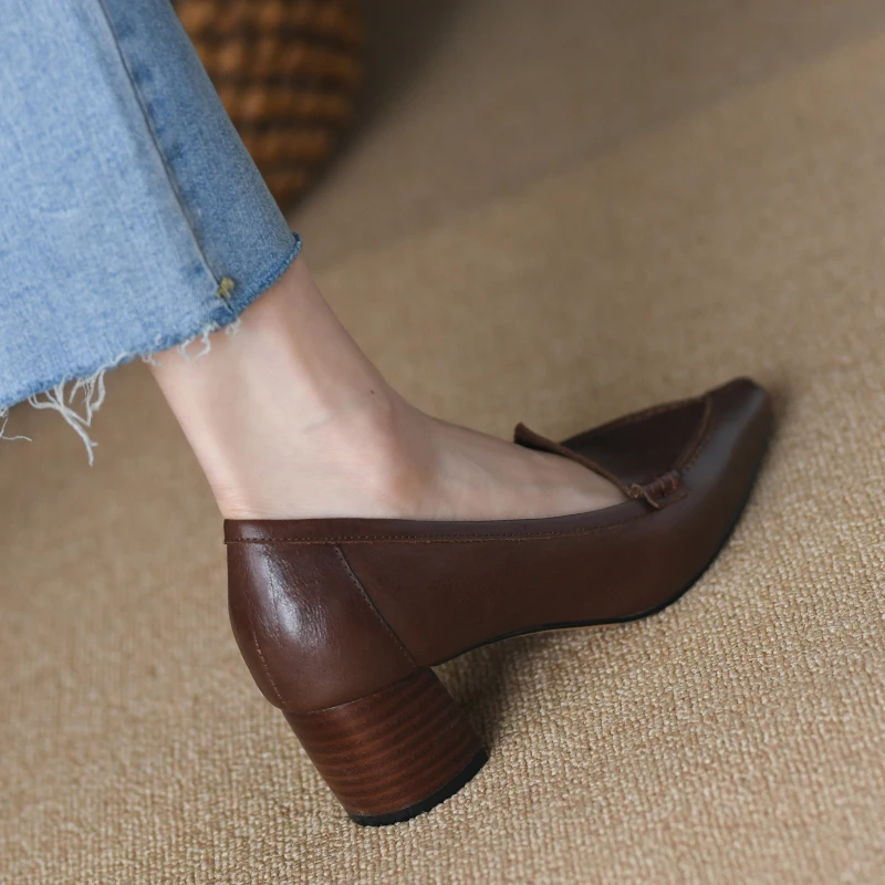 

French Style Slip On Daliy Shoes Cozy Med Heels Spring Autumn Lady Vintage Pumps Thick Heels Women Cowhide Shoes On Heel 5 CM
