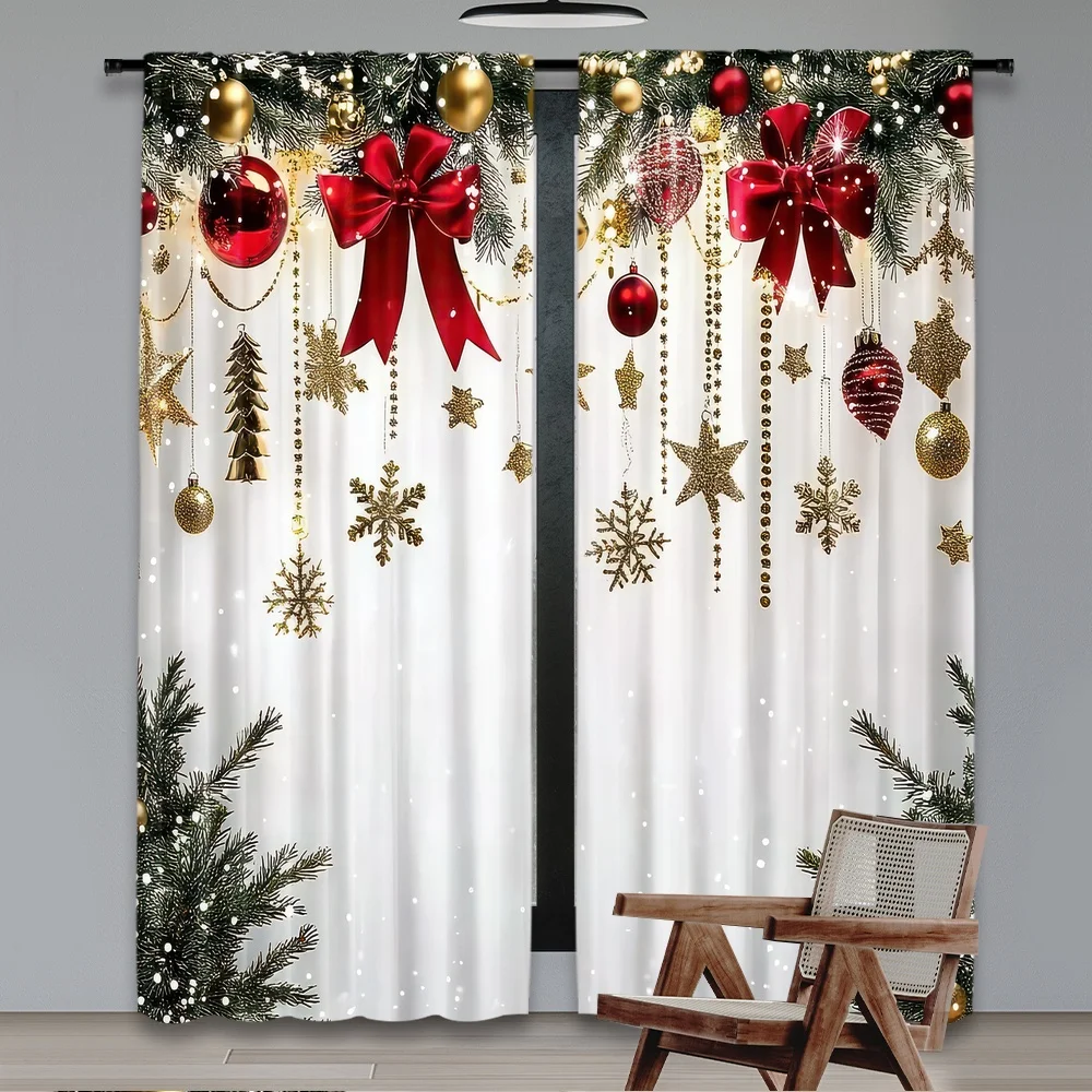 2pcs 2D flat printing Happy Christmas Party Curtains Festive Garland Digital Printed Polyester Drapes Non fading Family Party