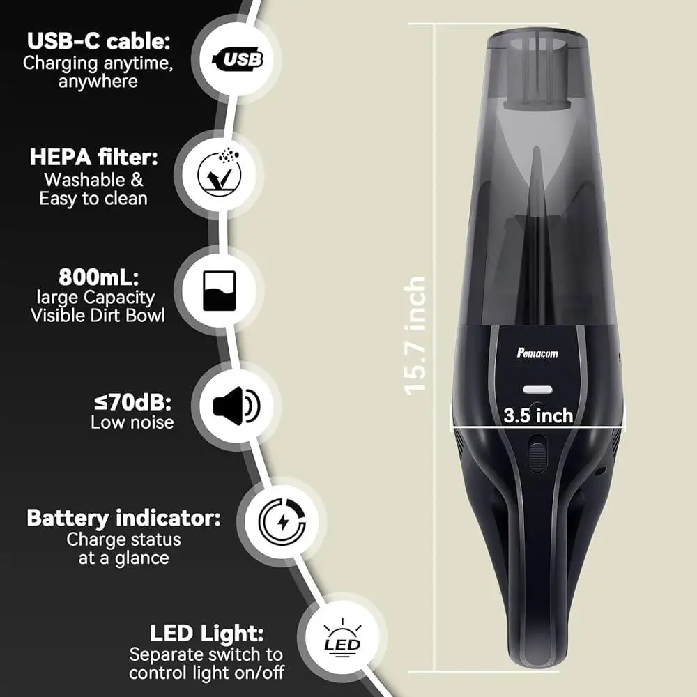 Беспроводной ручной пылесос 10000 Па, легкий HEPA-фильтр, 18 фунтов, светодиодный светильник, тихий, 800 мл, мусорная корзина, перезаряжаемая батарея, пыль