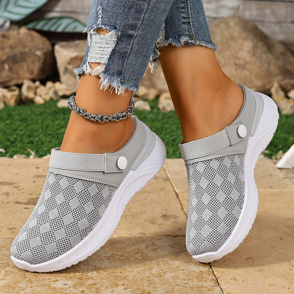 Verstellbare Schnallen-Rückenriemen Keilabsatz-Pantoletten für Damen, Atmungsaktives Strickmesh, Rutschfeste Weiche Sohle, Tägliche Geh- und Freizeitschuhe – Detail 9