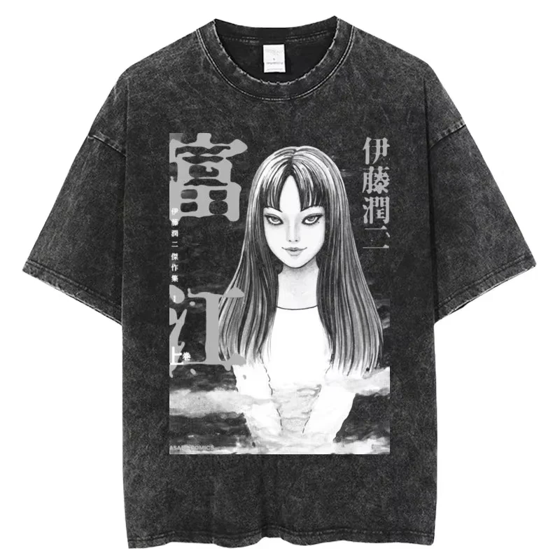 Goth Casual Tees Horror Manga Tomie Graphic T-shirt Hip Hop Y2k Washed T Shirts Oversized Streetwear Cotton Short Sleeve Unisex