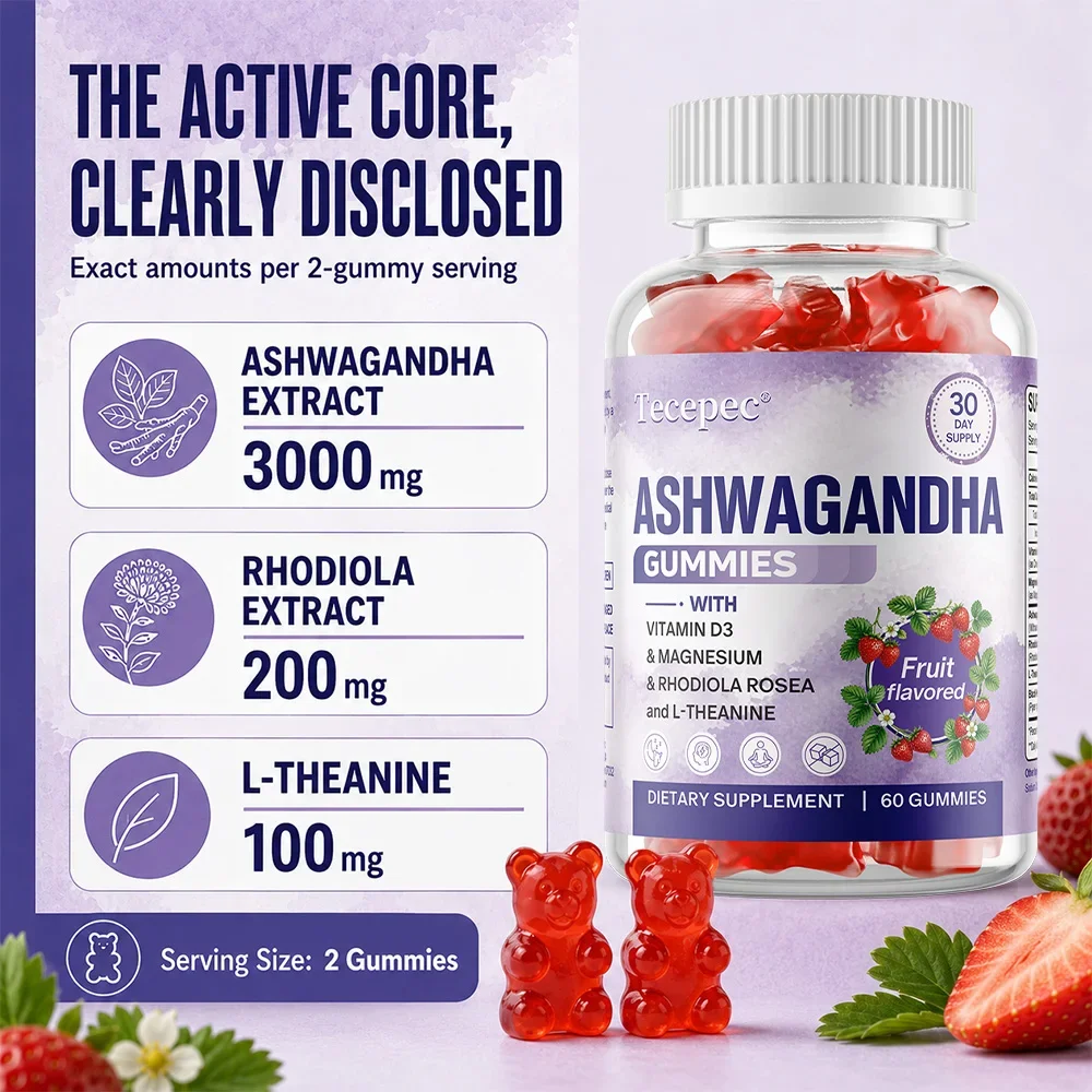 High Strength Ashwagandha Gummies with L-Theanine, D3 for Women & Men, Calm & Stress Relief