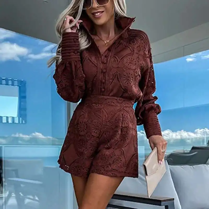 Lente shirt met lange mouwen Borduren Shorts Broek Pak Mode Vrouwen Effen Kantoor Bijpassende Elegante Kant Holle Tweedelige Set