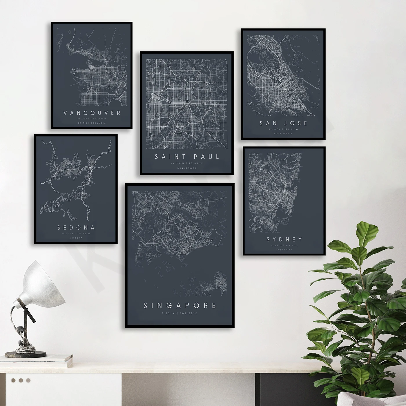 Phoenix Singapore Twin Cities Raleigh North Sao Paulo San Jose Sedona Sydney Tuscaloosa Vancouver Portland. Cities Map Poster