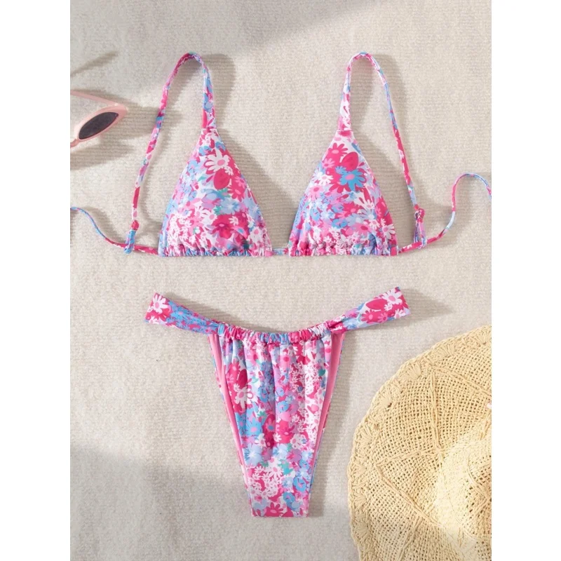 Drukowane Bikini Push Up Kostium Kąpielowy Damski Sexy Sznurowane Bez Pleców Trójkątne Stringi Mikro Bikini 2025 Nowy Strój Kąpielowy Dwuczęściowy na Wakacje na Plaży