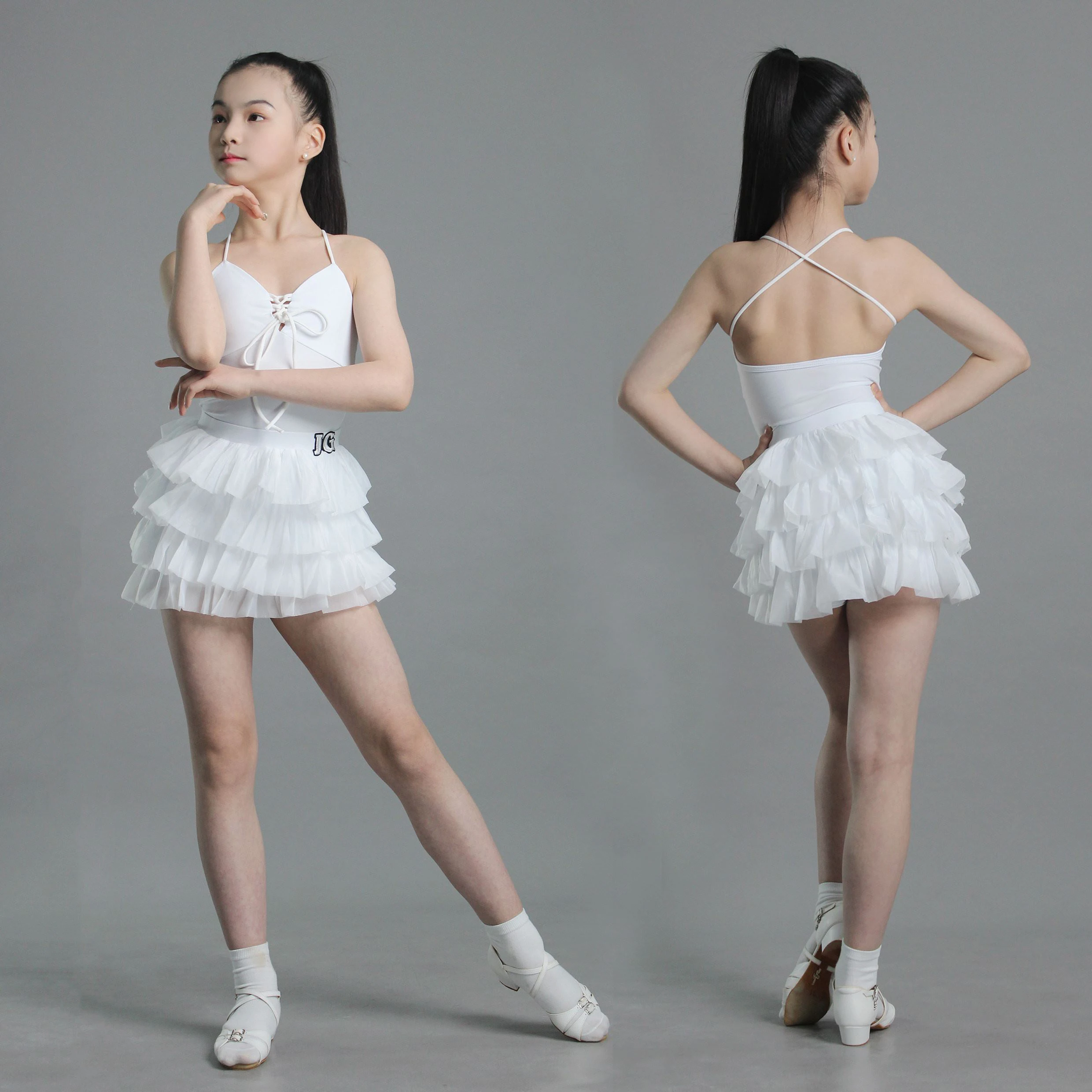 

Girls White Latin Dance Clothes Summer Suspender Tops Cake Skirt Practice Wear Cha Cha Rumba Performance Suit Kids Dress NV23814
