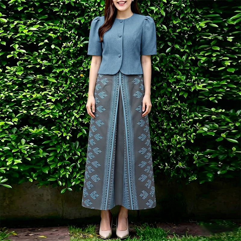 Zweiteilige Anzüge 5XL Vintage-Druck Outfits Damen Puffärmel Oberteile Lange Plissierte Röcke Sets Tailliert ZANZEA 2026