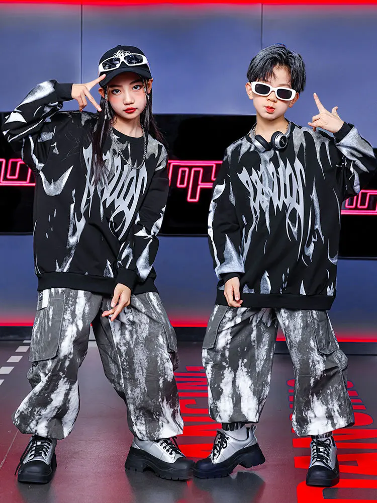 

Kid Hip Hop Clothing Black Print Sweatshirt Top Casual Street Tie Dye Cargo Jogger Pants for Girl Boy Jazz Dance Costume Clothes