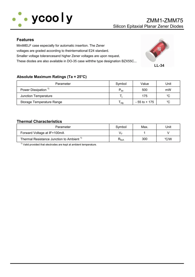 1000Pcs/Lot ZMM5V1 LL-34 (SOD-80),5.1V Zener diode 0.5W,Silicon Epitaxial Planar Zener Diodes,Cylindrical glass tube,electronics