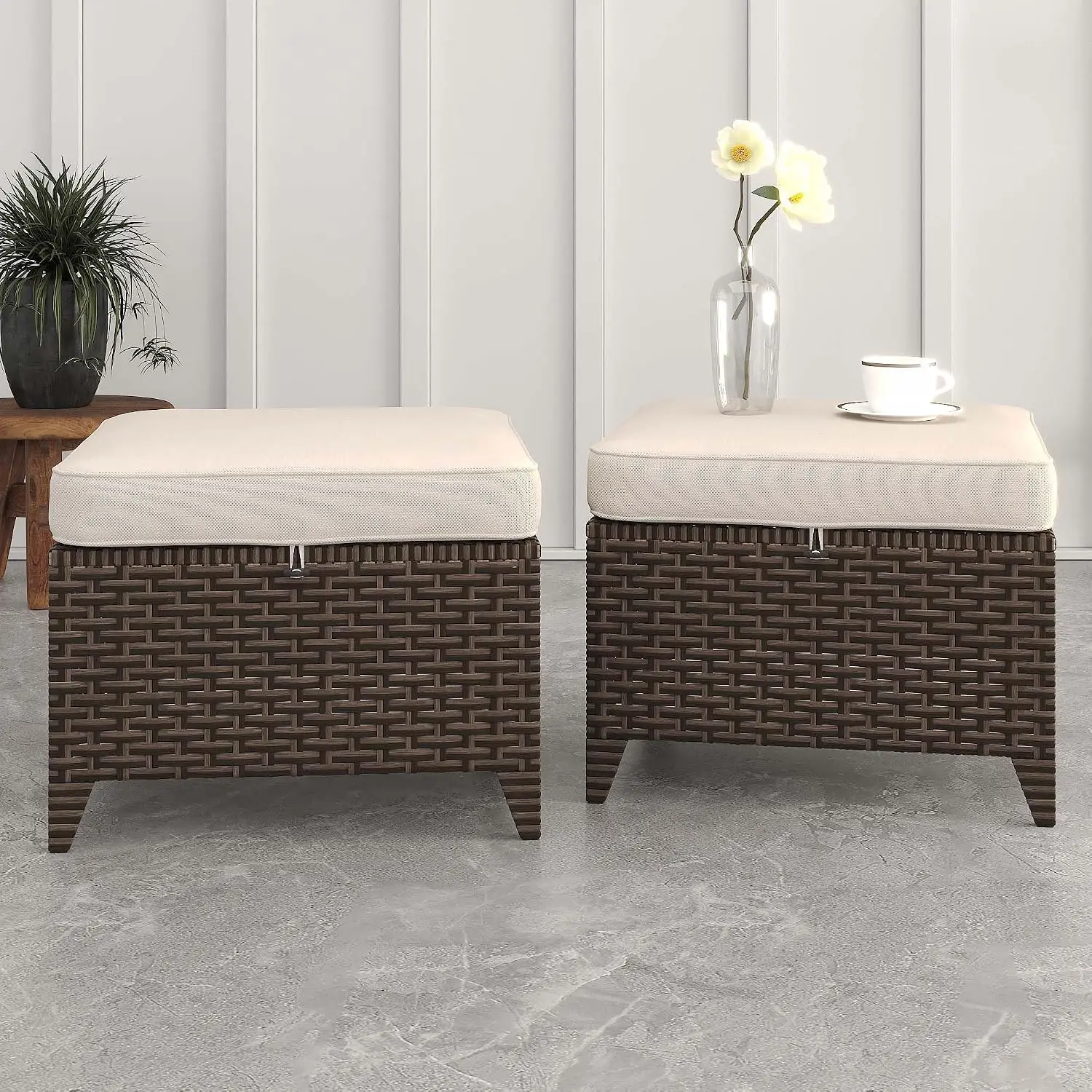PE Wicker Patio Ottoman Waterproof Cushion 22