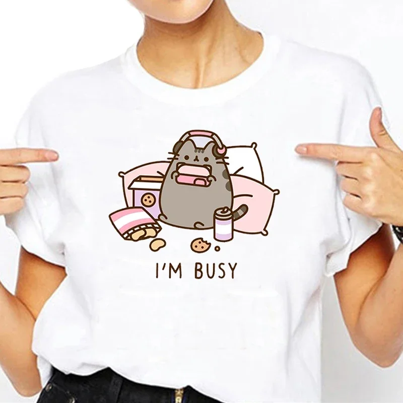 T-shirts Plus Size Street Tops Summer Women Tee Sorry I'm Busy Cat Playing Games With Headphones T Shirt Female Casual Oversized