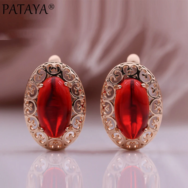 PATAYA New Oval Red Natural Zircon Earrings Ring Set 585 Rose Gold Color Fashion Women Jewelry Creative Wedding Party Set