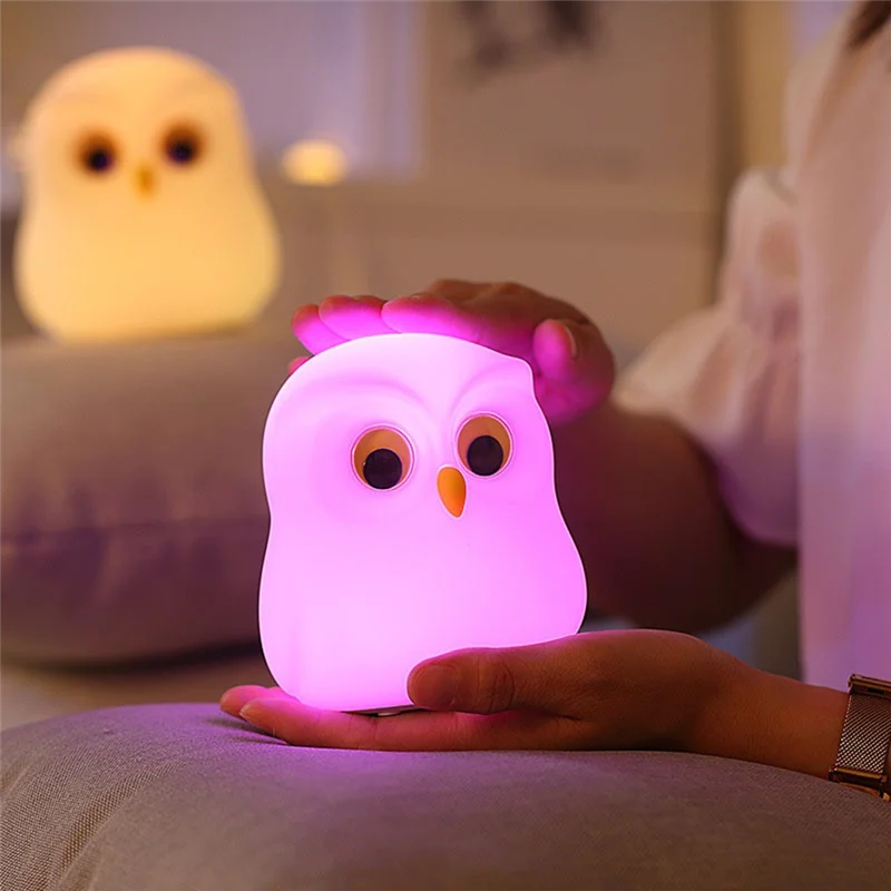 FAZO-luz noturna, luz noturna de corujas que mudam RGB, luz noturna de corujas de silicone fofas para presentes, lâmpada de cabeceira Kawaii para auxílio ao sono Dura