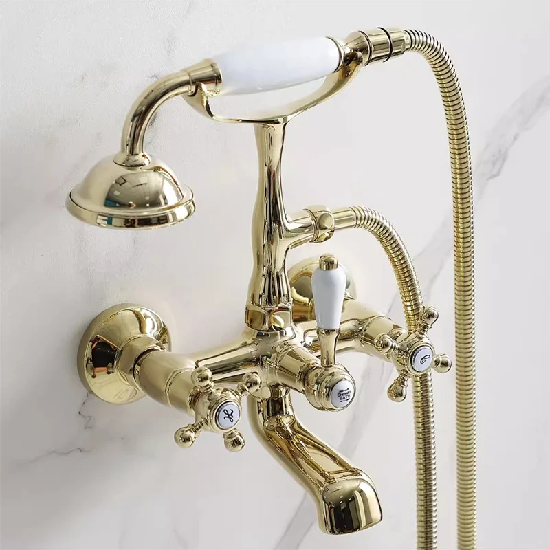 

Gold Bath Shower Faucet Set,Chrome Brass Hot & Cold Bathing Mixer,Bathroom Bathtub Tap,with Telephone Handheld & Support Base