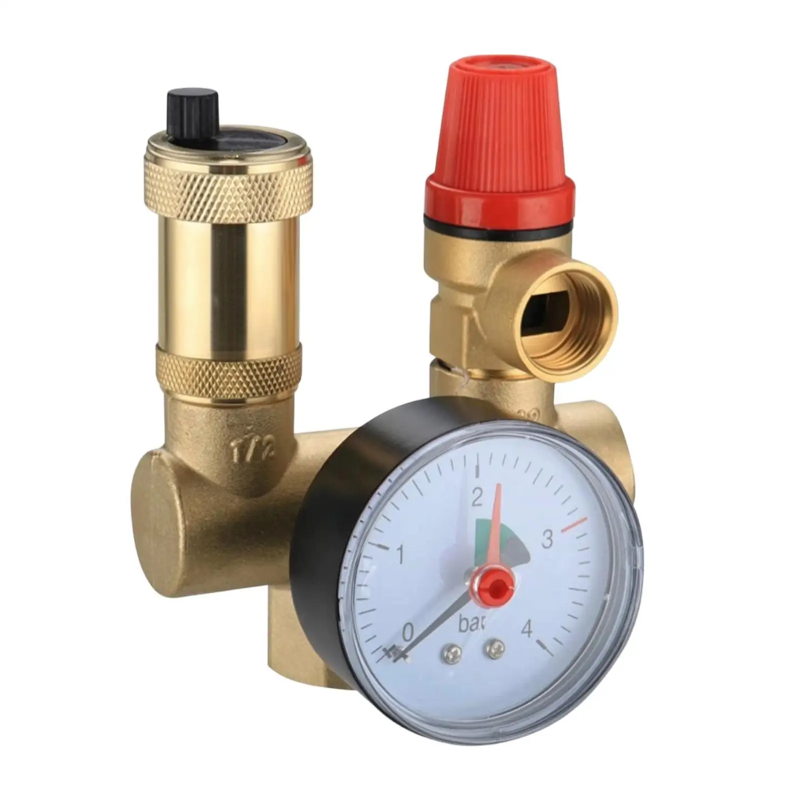 DN25 Brass Pressure Relief Valve with Front Mounted Gauge for Water Heating System Piping Parts