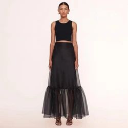High Waist A-line Ruffled Tulle & Satin Skirt Ankle Length Long Prom Skirt Black Party Skirts Ever Pretty Simple Elegant Gowns