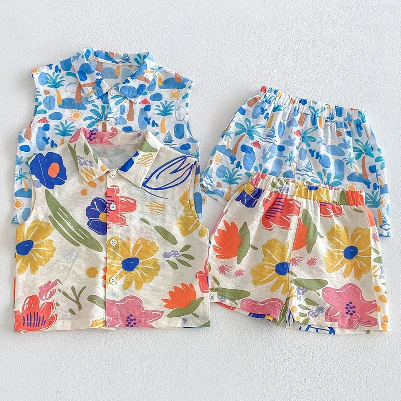 

2026 New Summer Korean Style 0-5Yrs Kids Clothes Suit Sleeveless Cotton Printed Shirt+Shorts Infant Baby Girls Clothing Set