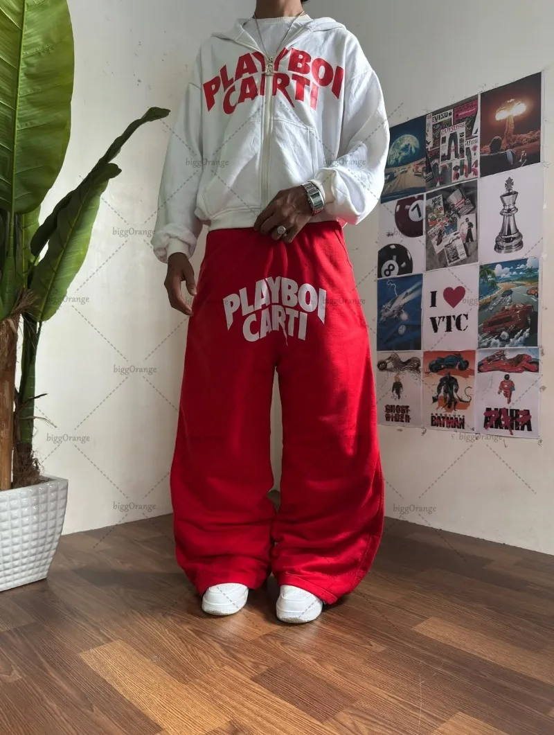 

American New Red Oversized Casual Trousers Men High Street Fashion Clothing Street Harajuku Y2K Fashion Straight Wide-leg Pants
