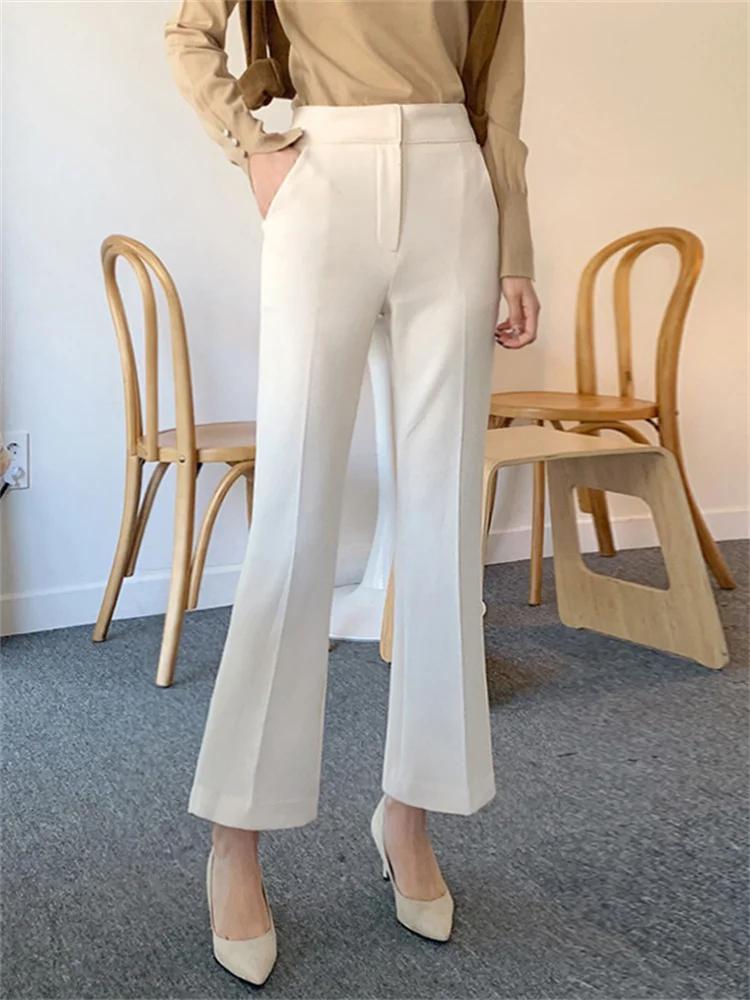 

Шикарные женские повседневные брюки с высокой талией, расклешенные, свободного кроя, длиной 7/8, белые, асимметричные, в деловом стиле