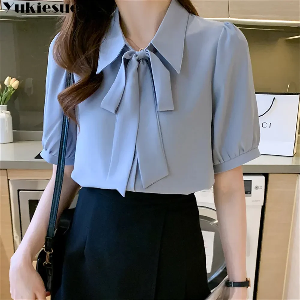 ฤดูร้อนสแควร์เกาหลีสไตล์แฟชั่นเสื้อผ้าผู้หญิงชีฟอง Femme Bow เสื้อด้านบนผู้หญิงเสื้อแขนสั้น