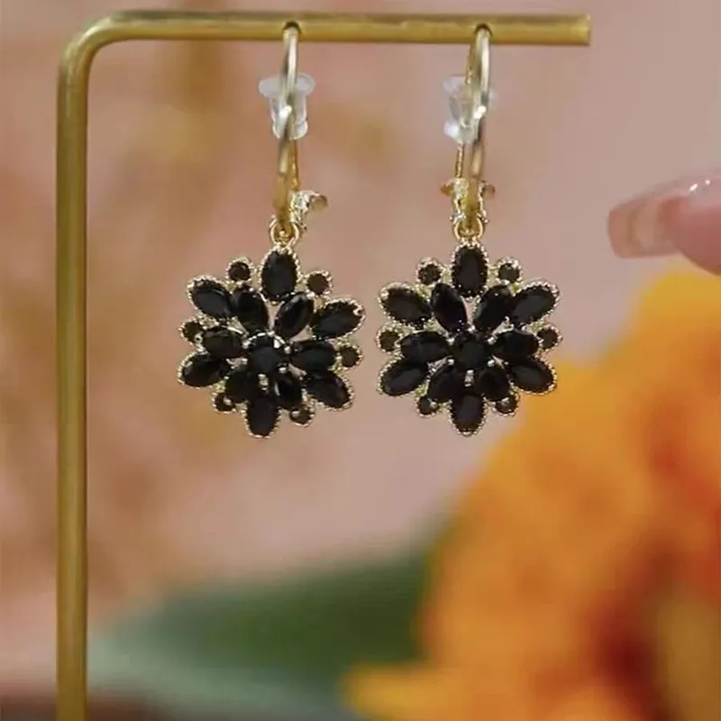 Dupla Camada de Cristal Preto Flor Brincos Ocos para Mulheres, Elegante e Requintado, Acessórios Diários, Jóias de Festa, Presentes de Aniversário