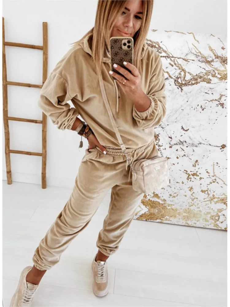 Autumn Velvet Women 2 Piece Set Casual Sport Outfits Hooded Sweatshirt + Pants Sets Spring Sportswear Fashion Suits Female