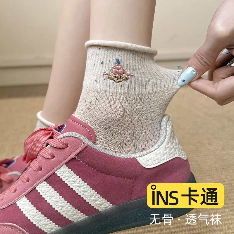 

5 пар/упак. хлопковые носки с мультяшной вышивкой для женщин, повседневные низкие носки с двойной иглой, женские дышащие носки до щиколотки, новые