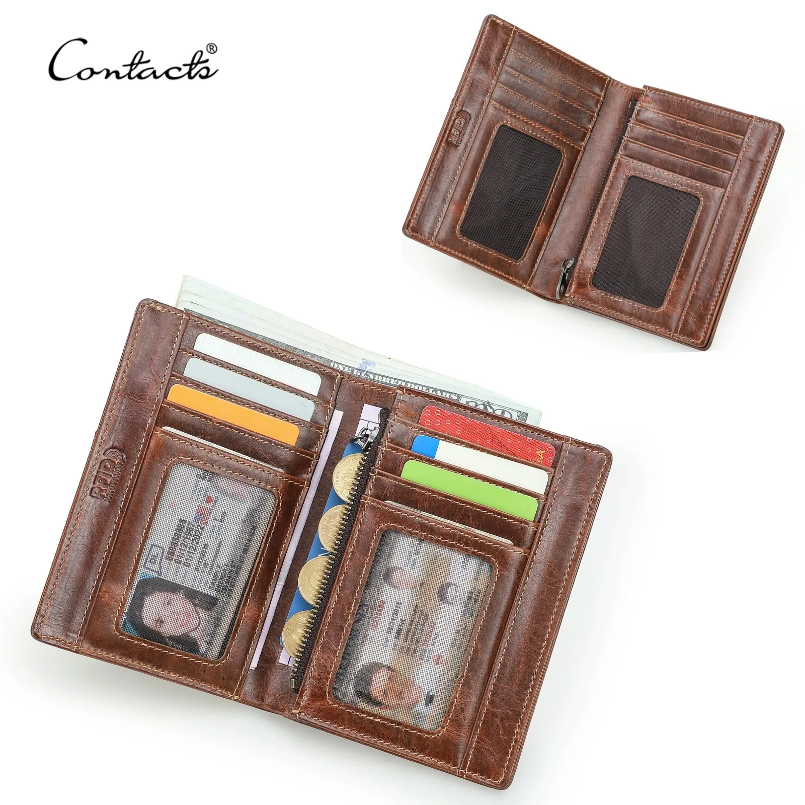 CONTACT'S Genuine Leather Card Holder With Coin Compartment RFID Protection Credit Card Holder Wallet for men Coin Purse