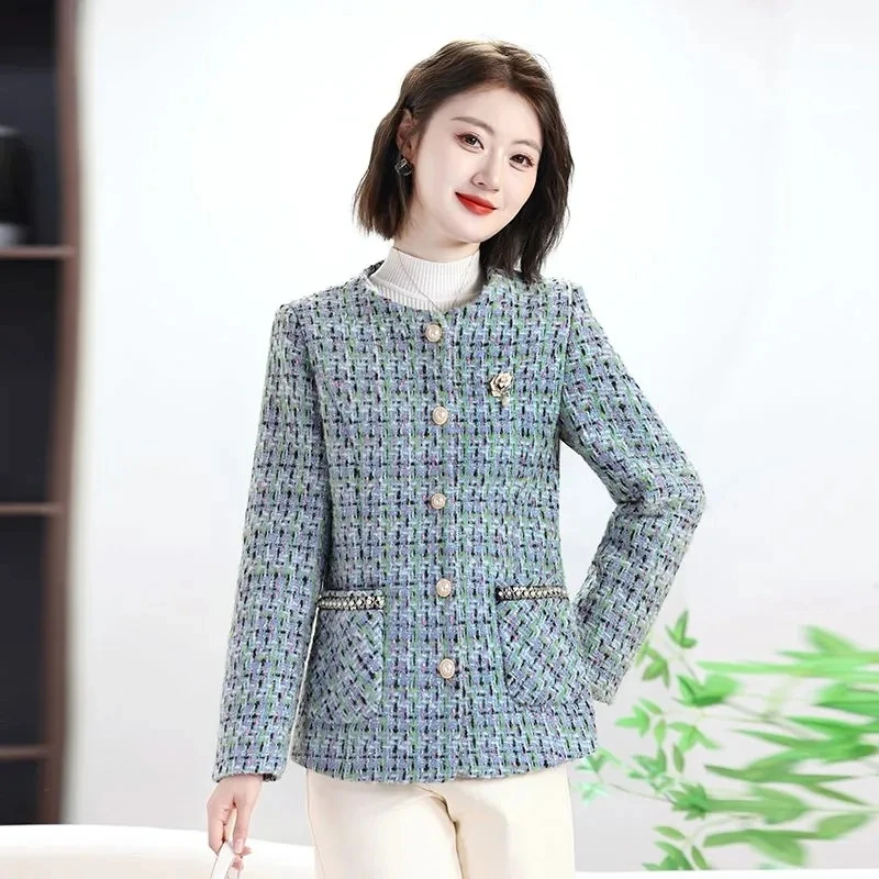 2026 New Spring Autumn Vintage Pink Tweed Weave Jacket Coat Women Small Fragrance Jacket Korean Woollen Coats Elegant Outerwear