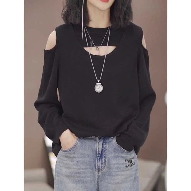 Fashion O-Neck Spliced Hollow Out Off Shoulder Blouses Women's Clothing 2024 Spring New Loose All-match Tops Casual Shirts