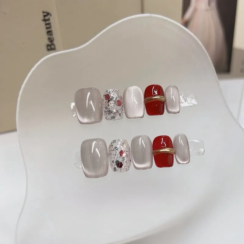 10 Stück leichte, luxuriöse, handgefertigte, kurze, quadratische Nägel zum Aufdrücken, Glitzer-Pailletten, Katzenauge, Blumen-Designs, künstliche Nägel für Frauen, tragbare Tipps