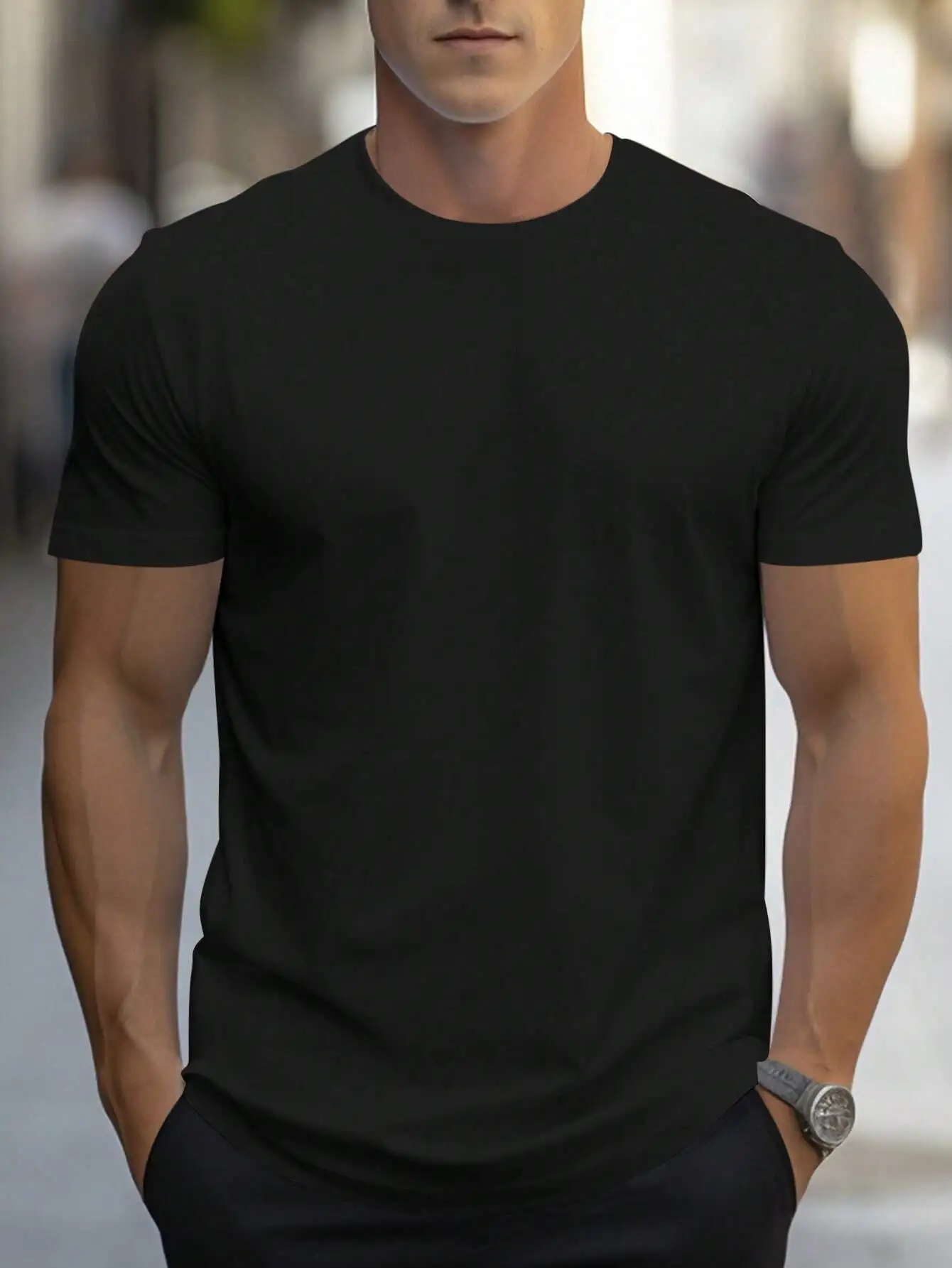Men's Solid Black Round Neck Short Sleeve T-Shirt for Casual Daily Wear