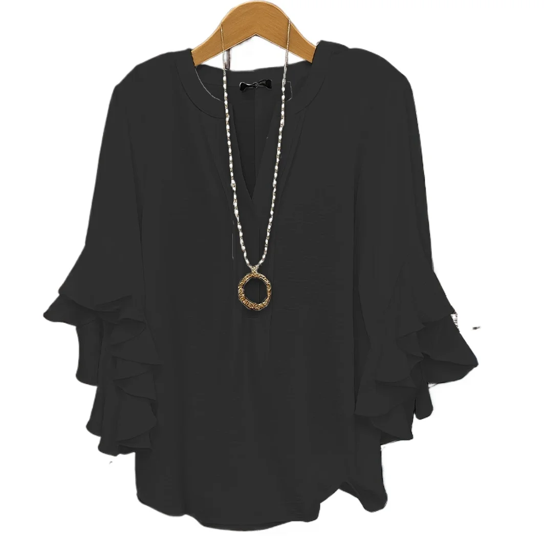 Camicetta in chiffon allentata moda donna taglie forti con scollo a V Camicia con maniche a tre quarti con foglie di loto Camicia casual da lavoro in tinta unita