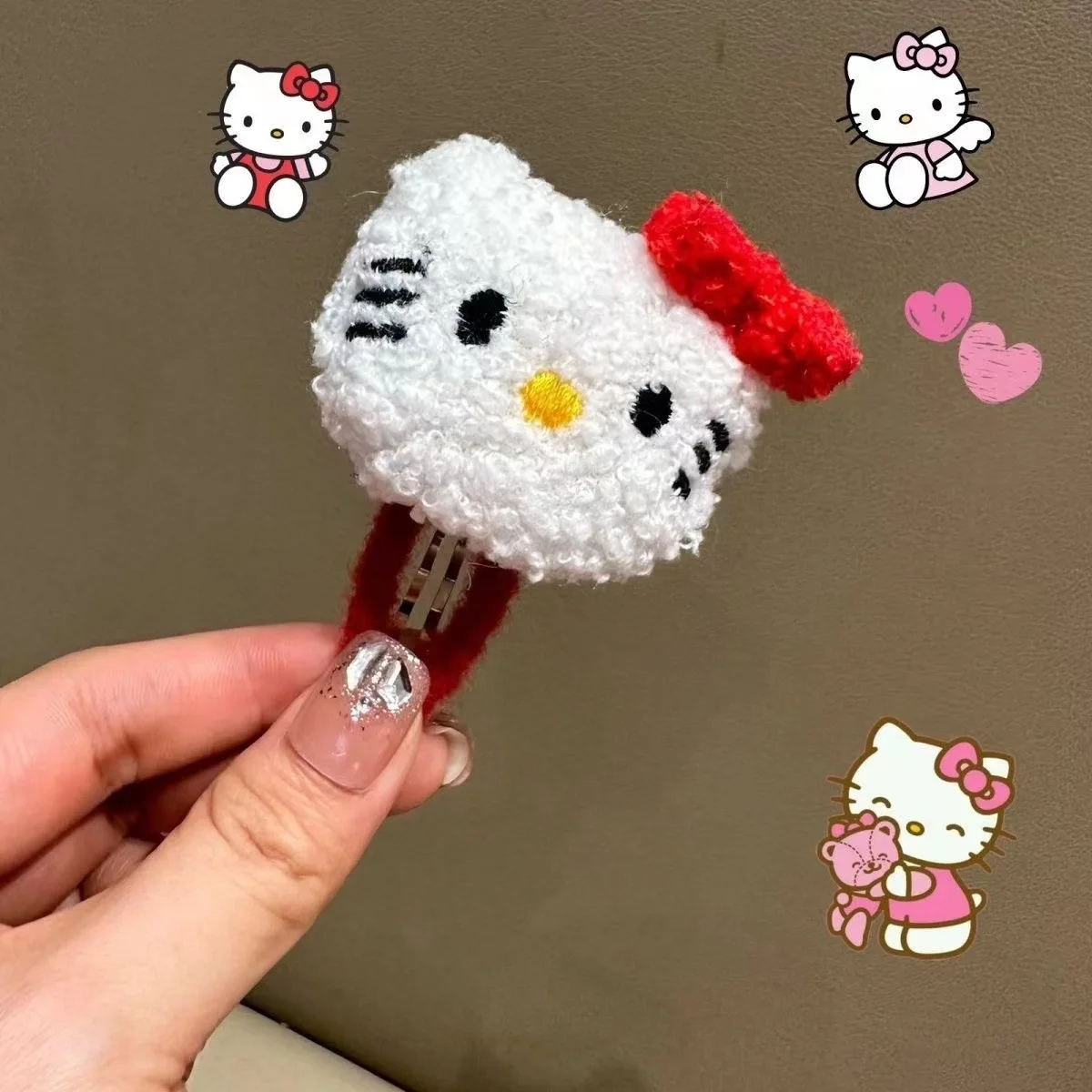 

1 black Hello Kitty girl plush hair clip Kawaii Hawaiian series Sanrio doll BB clip sweet and cute bangs hair clip headband