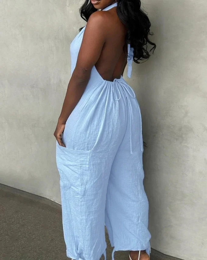 CPSYMYM Jumpsuit ผู้หญิงฤดูร้อน Halter Backless ผูกรายละเอียดการออกแบบกระเป๋าสบายๆแขนกุดทุกวันขากว้าง Jumpsuit