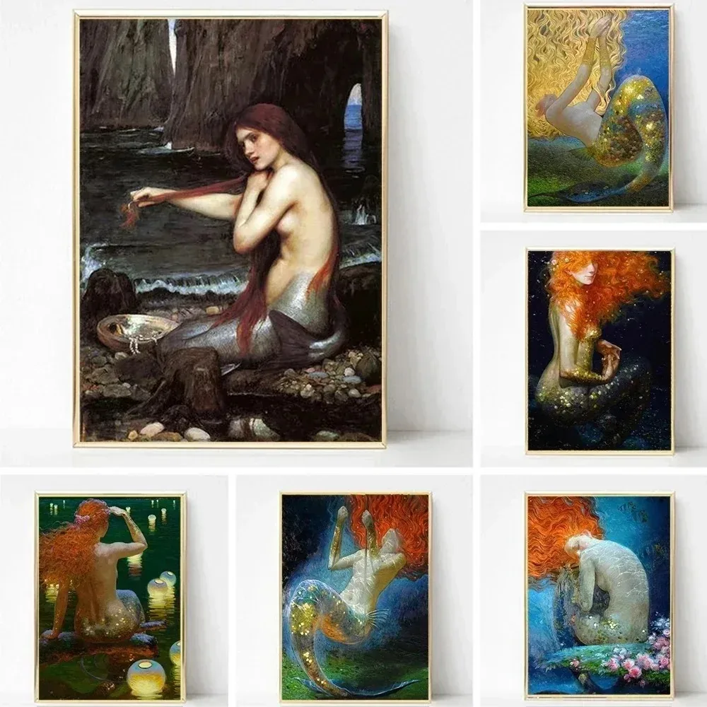 Abstract Canvas Wall Art Posters Mermaid John William Waterhouse Portrait Prints for Living Room Painting HD Home Decor Picture