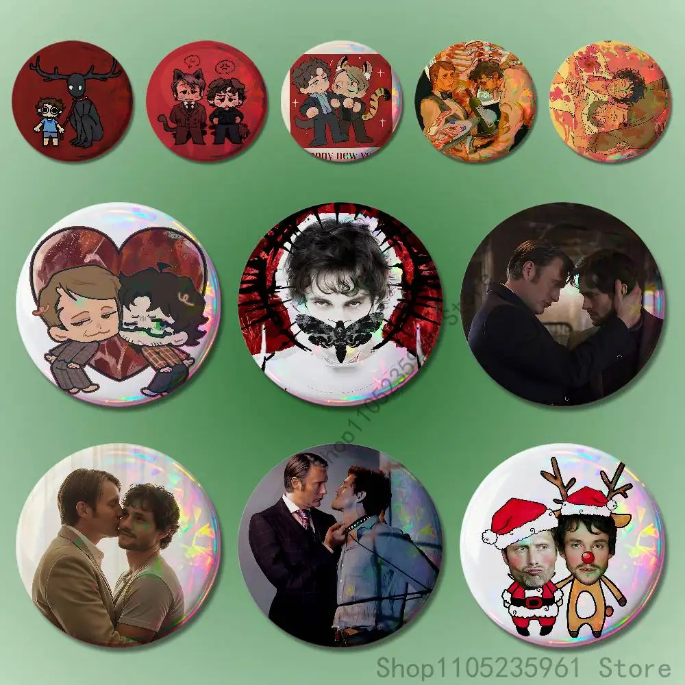 

H-HannibalS and Will Chibi Pin Tinplate Round Brooch Cosplay Nijigen Otaku Culture Badges 58mm 44mm 32mm 75mm 25mm