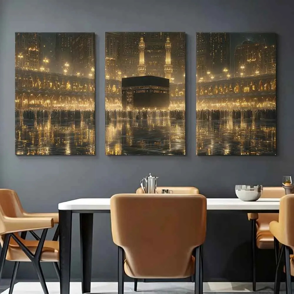 [2D Plat] 3 pièces 11.81*15.74in/30*40cm (cadre) Décoration murale artistique pour la maison : Peinture de la Kaaba à La Mecque illuminée par des lumières dorées