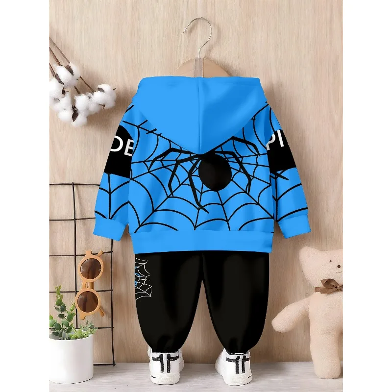 Little Boys 2 Piece Hoodie Jogger Tracksuit, Spider Web Print, BRAVE ENOUGH Letter Graphic, Cartoon Shark Allover Outfit