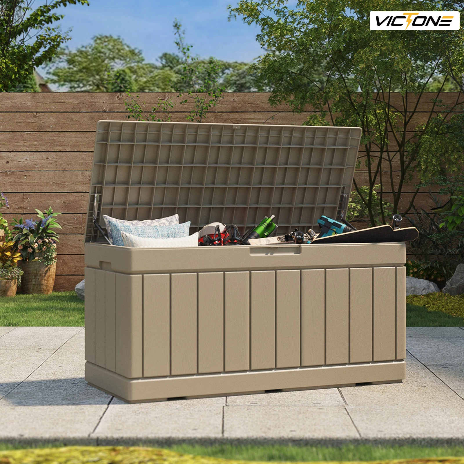 Victone 82 Gallon Deck Box, Waterproof Large Wood Look Outdoor Lockable Storage Box for Patio Fumniture, Toys, Garden, Coffee