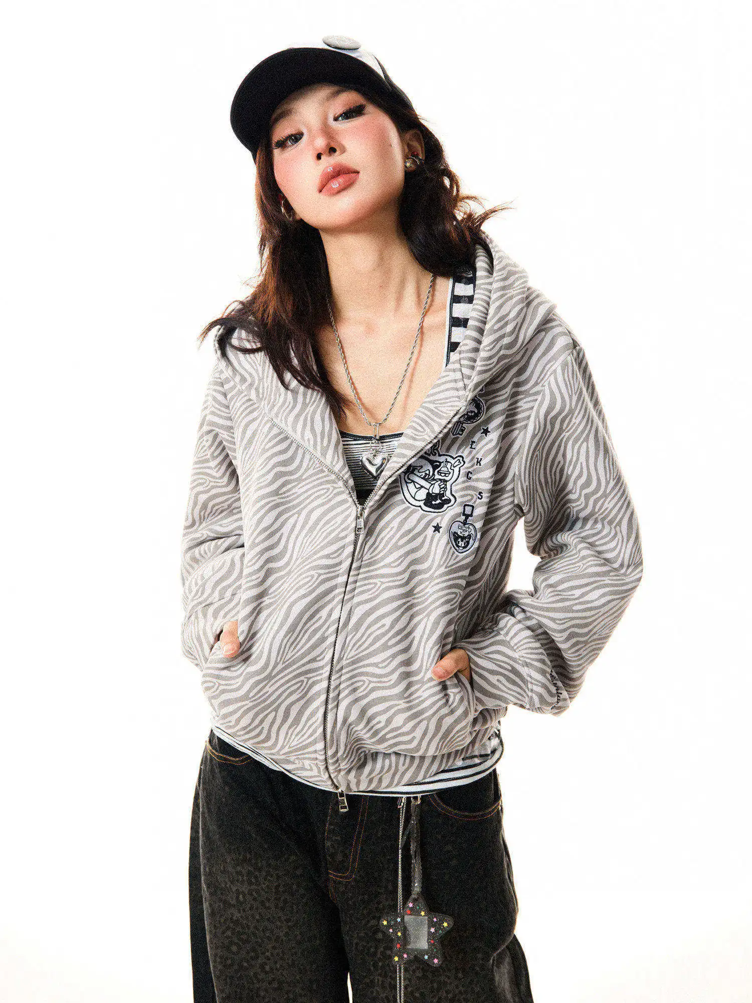 

Young Stage Original American Zebra Print Hoodie Jaet Women's Vintage Slim Fit Matching Open Cardigan Autumn Faion