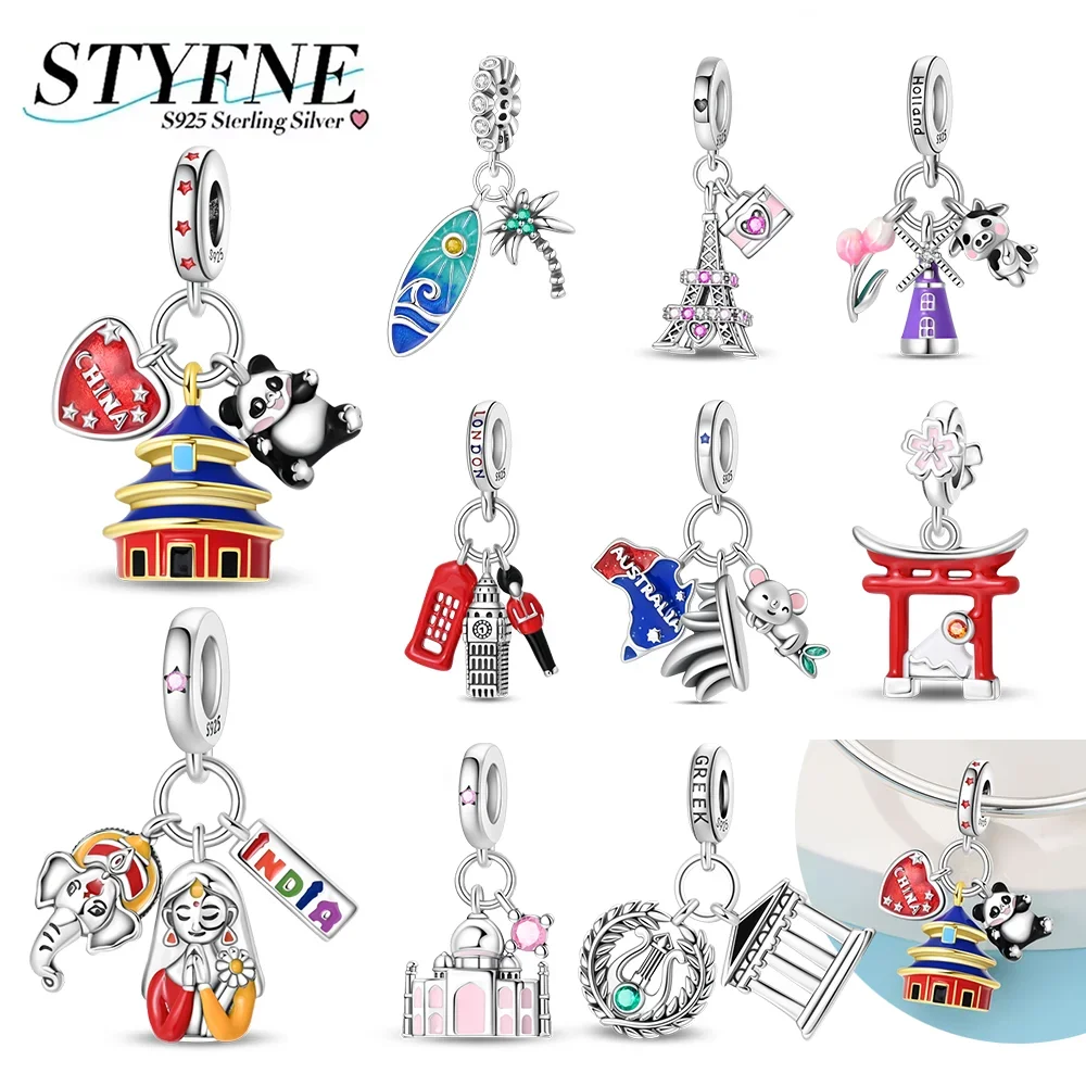 925 Silver Charms Greek Temple Paris Tower London Big Ben Beads Pendant Fit Original Bracelet DIY Cultural Fine Jewelry Gift