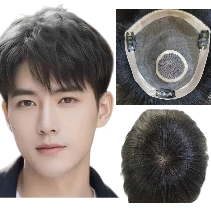 100% شعر بشري للرجال شعر مستعار أحادي الجلد قاعدة 6 بوصة PU الحدود الدانتيل الجبهة مع مشابك إطباقية اليد تعادل البناء قطعة سوداء نفاثة #1