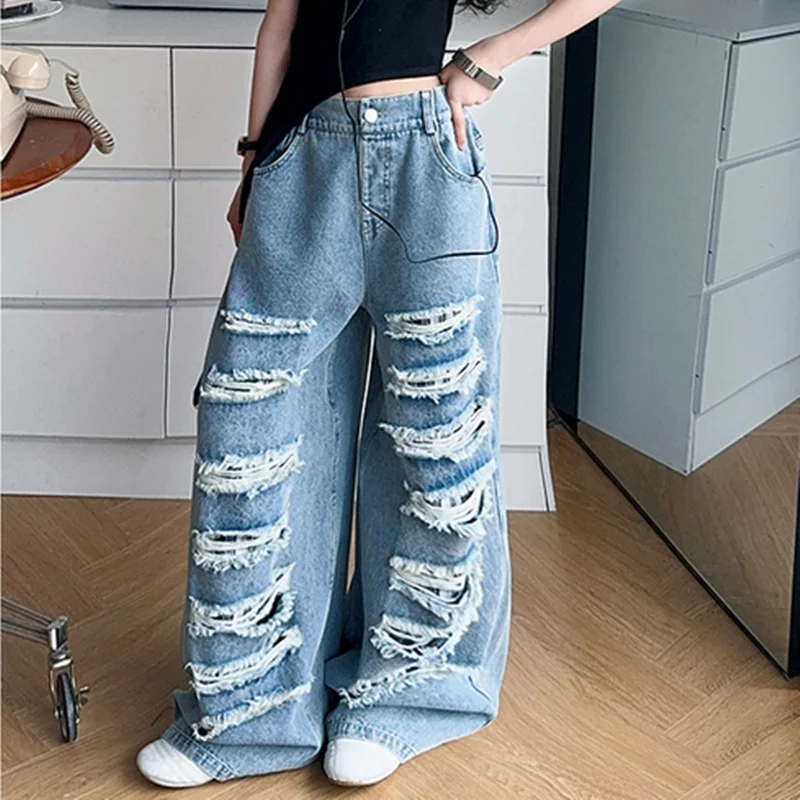 Girls Denim Ripped Pants Spring Summer Kids Straight Wide-leg Pants Fashionable Big Broken Hole Children's Jeans 5-15 Years Old