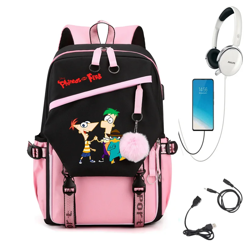 

Disney Phineas And Ferb Backpack for Girls Boys Teenager Children Rucksack Men Women Casual School Bags USB Charging Backpacks